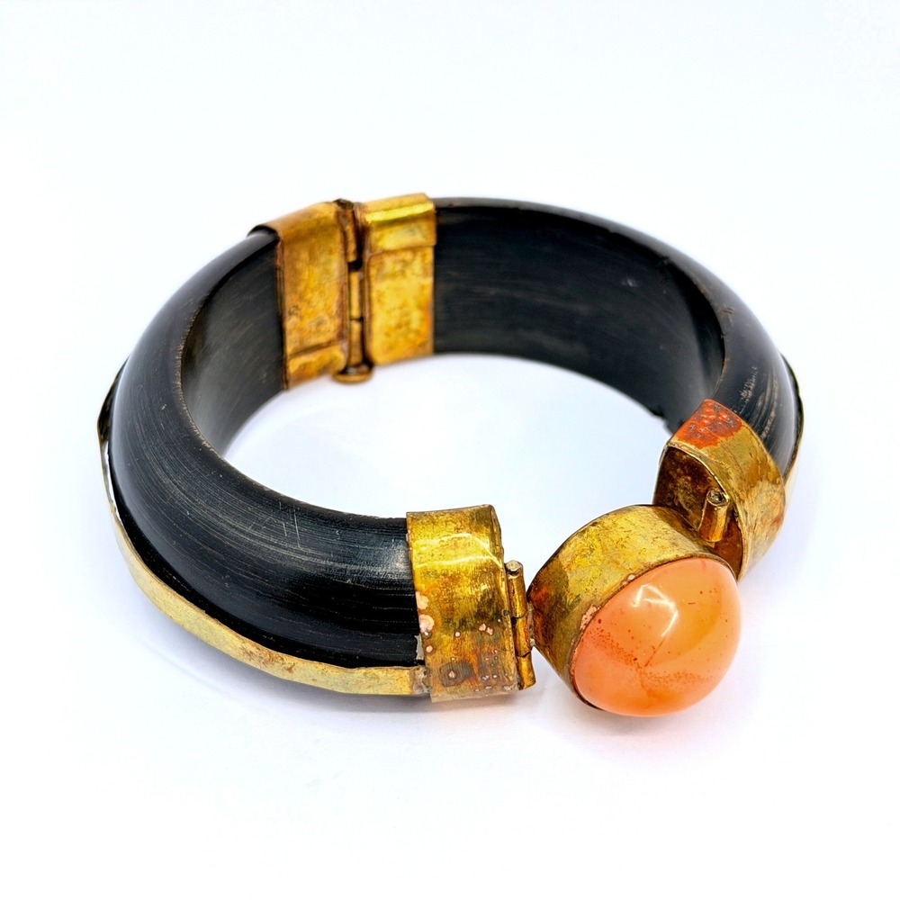 Black Horn Brass Orange Agate Vintage 70s India Clamper Bracelet Boho Brutalist